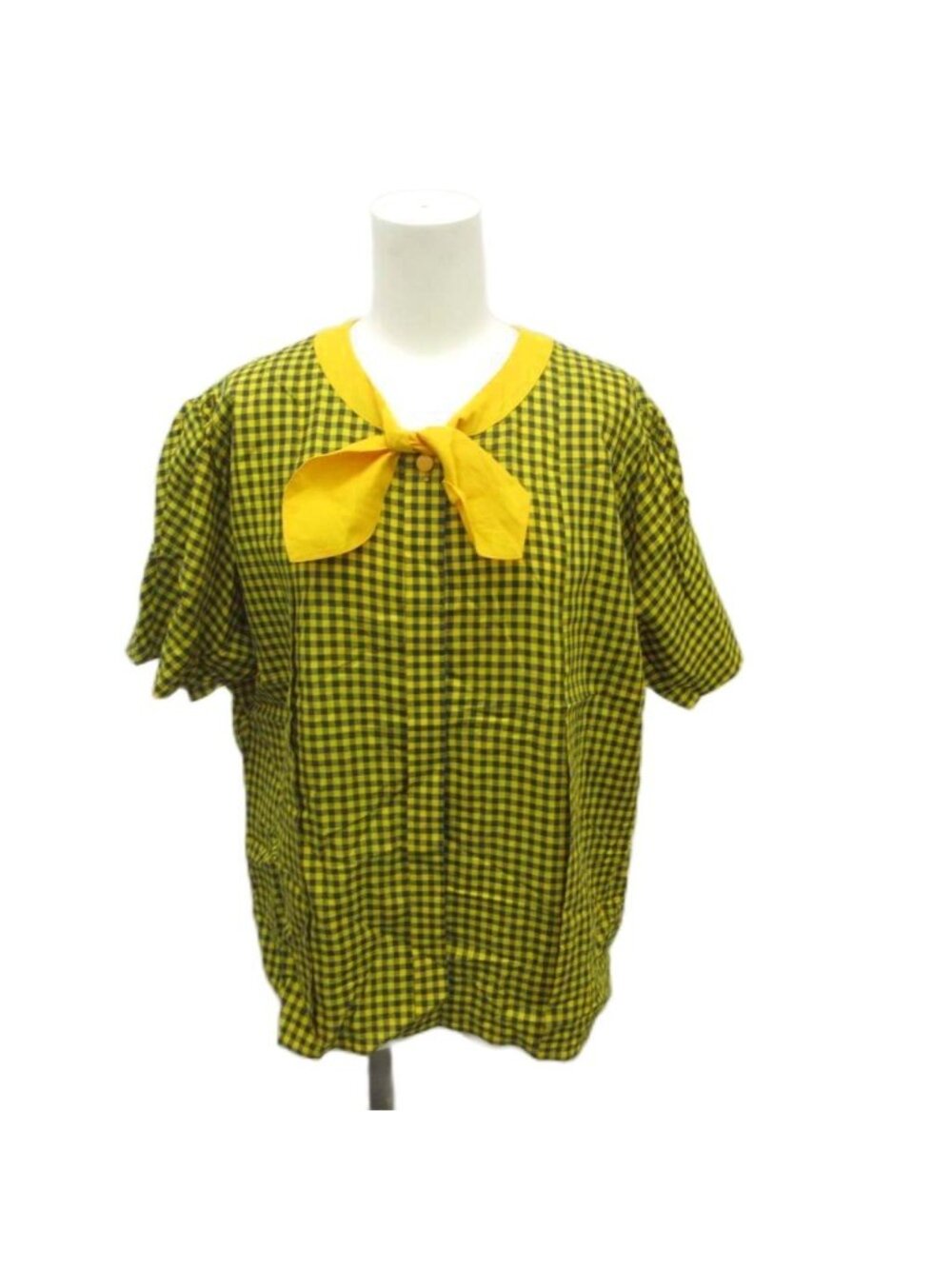 Dior Pret-a-Porter Vintage Gingham Bow Tie Blouse Short Sleeve Yellow M